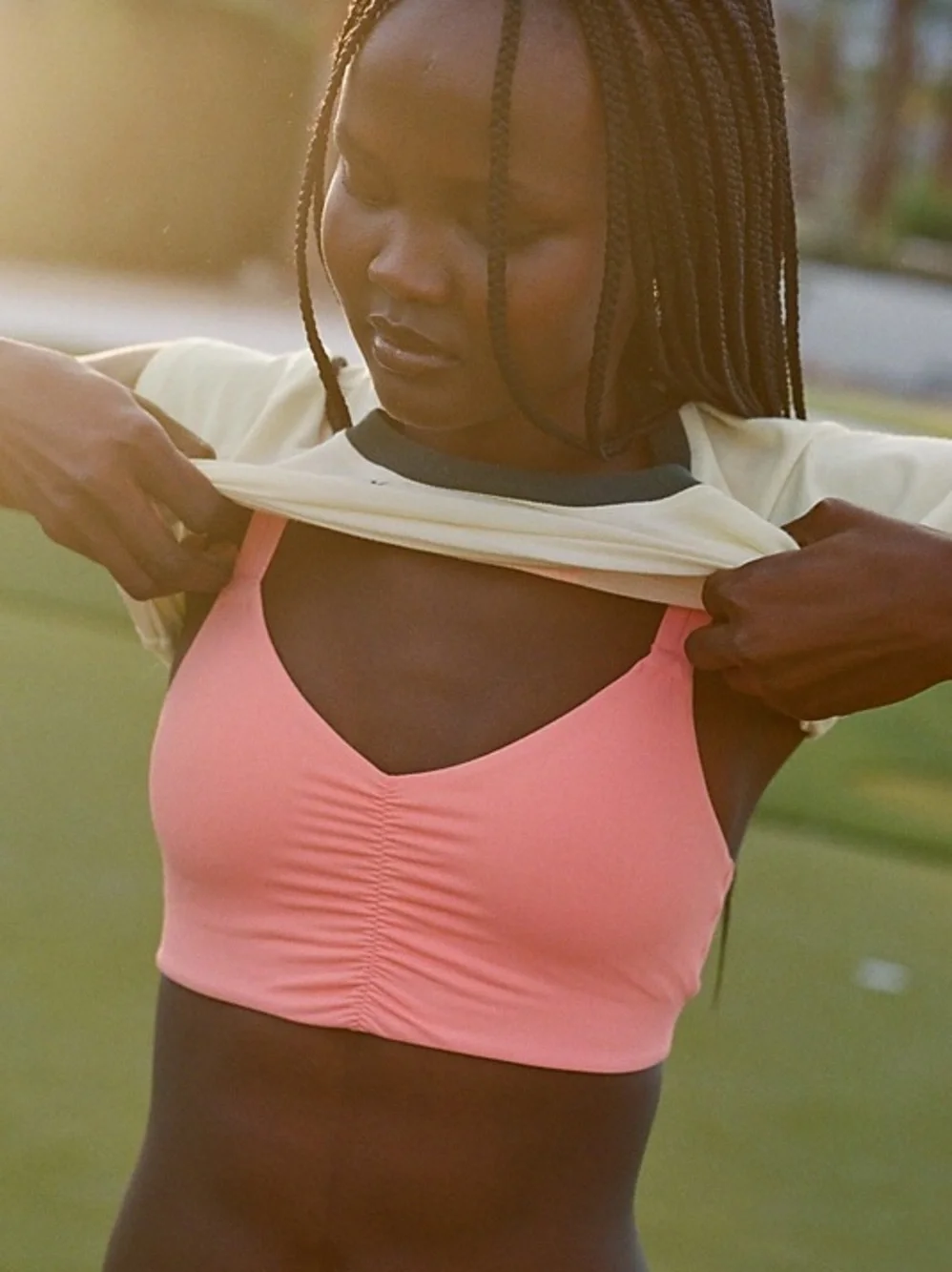 NWT Aerie Real Me Ruched Strappy Sports Bra in Wild Peach Sz S.